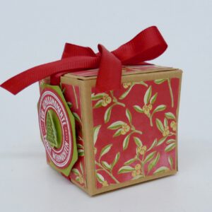 handdekorierte geschenkschachtel mit stern und schriftzug, geschenkbox mit weihnachtlichem band und etikett, detailaufnahme stern auf geschenkschachtel, geschenkschachtel von oben mit schleife, seitenansicht handdekorierte weihnachtsschachtel, geschenkschachtel mit karomuster und band, weihnachtliche geschenkverpackung mit lecker-lecker motiv