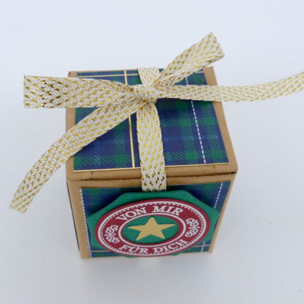 Von mir für dich, handdekorierte geschenkschachtel mit stern und schriftzug, geschenkbox mit weihnachtlichem band und etikett, detailaufnahme stern auf geschenkschachtel, geschenkschachtel von oben mit schleife, seitenansicht handdekorierte weihnachtsschachtel, geschenkschachtel mit karomuster und band, weihnachtliche geschenkverpackung mit lecker-lecker motiv