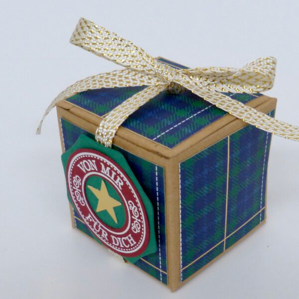 handdekorierte geschenkschachtel mit stern und schriftzug, geschenkbox mit weihnachtlichem band und etikett, detailaufnahme stern auf geschenkschachtel, geschenkschachtel von oben mit schleife, seitenansicht handdekorierte weihnachtsschachtel, geschenkschachtel mit karomuster und band, weihnachtliche geschenkverpackung mit lecker-lecker motiv