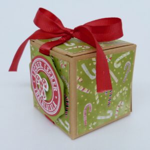 handdekorierte geschenkschachtel mit stern und schriftzug, geschenkbox mit weihnachtlichem band und etikett, detailaufnahme stern auf geschenkschachtel, geschenkschachtel von oben mit schleife, seitenansicht handdekorierte weihnachtsschachtel, geschenkschachtel mit karomuster und band, weihnachtliche geschenkverpackung mit lecker-lecker motiv