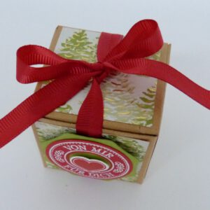 handdekorierte geschenkschachtel mit stern und schriftzug, geschenkbox mit weihnachtlichem band und etikett, detailaufnahme stern auf geschenkschachtel, geschenkschachtel von oben mit schleife, seitenansicht handdekorierte weihnachtsschachtel, geschenkschachtel mit karomuster und band, weihnachtliche geschenkverpackung mit lecker-lecker motiv