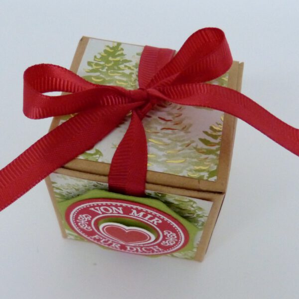 handdekorierte geschenkschachtel mit stern und schriftzug, geschenkbox mit weihnachtlichem band und etikett, detailaufnahme stern auf geschenkschachtel, geschenkschachtel von oben mit schleife, seitenansicht handdekorierte weihnachtsschachtel, geschenkschachtel mit karomuster und band, weihnachtliche geschenkverpackung mit lecker-lecker motiv