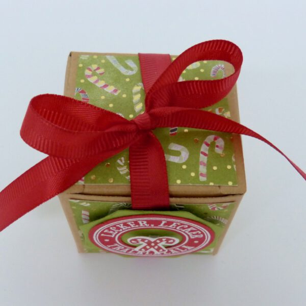 handdekorierte geschenkschachtel mit stern und schriftzug, geschenkbox mit weihnachtlichem band und etikett, detailaufnahme stern auf geschenkschachtel, geschenkschachtel von oben mit schleife, seitenansicht handdekorierte weihnachtsschachtel, geschenkschachtel mit karomuster und band, weihnachtliche geschenkverpackung mit lecker-lecker motiv
