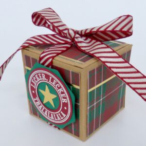 handdekorierte geschenkschachtel mit stern und schriftzug, geschenkbox mit weihnachtlichem band und etikett, detailaufnahme stern auf geschenkschachtel, geschenkschachtel von oben mit schleife, seitenansicht handdekorierte weihnachtsschachtel, geschenkschachtel mit karomuster und band, weihnachtliche geschenkverpackung mit lecker-lecker motiv