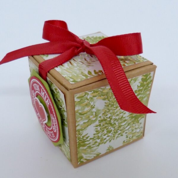 handdekorierte geschenkschachtel mit stern und schriftzug, geschenkbox mit weihnachtlichem band und etikett, detailaufnahme stern auf geschenkschachtel, geschenkschachtel von oben mit schleife, seitenansicht handdekorierte weihnachtsschachtel, geschenkschachtel mit karomuster und band, weihnachtliche geschenkverpackung mit lecker-lecker motiv