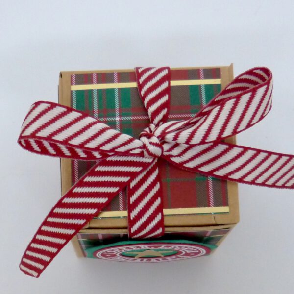 handdekorierte geschenkschachtel mit stern und schriftzug, geschenkbox mit weihnachtlichem band und etikett, detailaufnahme stern auf geschenkschachtel, geschenkschachtel von oben mit schleife, seitenansicht handdekorierte weihnachtsschachtel, geschenkschachtel mit karomuster und band, weihnachtliche geschenkverpackung mit lecker-lecker motiv