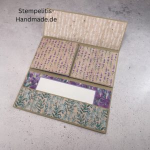 Aufklappkarte, handgemachte Karte, Stampin Up Karte, Explosionskarte kaufen, Aufklappkarte Lavendelblüten, Gutschein Verpackung Karte, Geldgeschenk Karte handmade