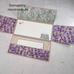Lavendelblüten, handgemachte Karte, Stampin Up Karte, Explosionskarte kaufen, Aufklappkarte Lavendelblüten, Gutschein Verpackung Karte, Geldgeschenk Karte handmade