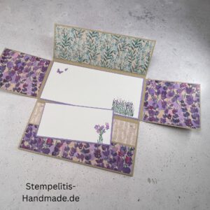 Gutscheinkarte, handgemachte Karte, Stampin Up Karte, Explosionskarte kaufen, Aufklappkarte Lavendelblüten, Gutschein Verpackung Karte, Geldgeschenk Karte handmade