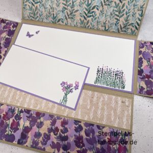 Geld verschenken, handgemachte Karte, Stampin Up Karte, Explosionskarte kaufen, Aufklappkarte Lavendelblüten, Gutschein Verpackung Karte, Geldgeschenk Karte handmade
