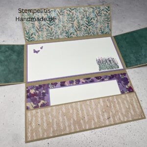 Geldgeschenk, handgemachte Karte, Stampin Up Karte, Explosionskarte kaufen, Aufklappkarte Lavendelblüten, Gutschein Verpackung Karte, Geldgeschenk Karte handmade