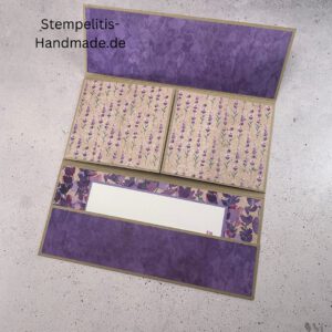 handgemachte Karte, Stampin Up Karte, Explosionskarte kaufen, Aufklappkarte Lavendelblüten, Gutschein Verpackung Karte, Geldgeschenk Karte handmade