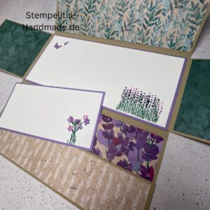 handgemachte Karte, Stampin Up Karte, Explosionskarte kaufen, Aufklappkarte Lavendelblüten, Gutschein Verpackung Karte, Geldgeschenk Karte handmade