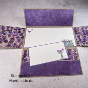 handgemachte Karte, Stampin Up Karte, Explosionskarte kaufen, Aufklappkarte Lavendelblüten, Gutschein Verpackung Karte, Geldgeschenk Karte handmade