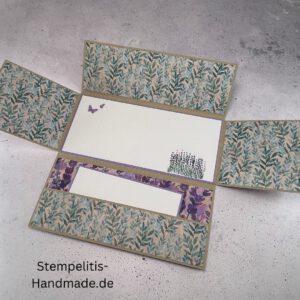 handgemachte Karte, Stampin Up Karte, Explosionskarte kaufen, Aufklappkarte Lavendelblüten, Gutschein Verpackung Karte, Geldgeschenk Karte handmade