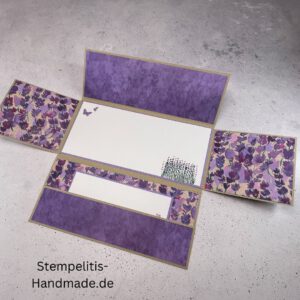 handgemachte Karte, Stampin Up Karte, Explosionskarte kaufen, Aufklappkarte Lavendelblüten, Gutschein Verpackung Karte, Geldgeschenk Karte handmade