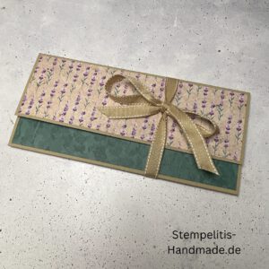 Flügelkarte, handgemachte Karte, Stampin Up Karte, Explosionskarte kaufen, Aufklappkarte Lavendelblüten, Gutschein Verpackung Karte, Geldgeschenk Karte handmade