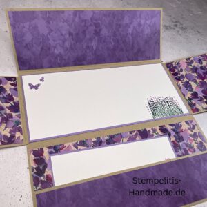 handgemachte Karte, Stampin Up Karte, Explosionskarte kaufen, Aufklappkarte Lavendelblüten, Gutschein Verpackung Karte, Geldgeschenk Karte handmade