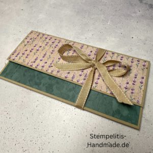 handgemachte Karte, Stampin Up Karte, Explosionskarte kaufen, Aufklappkarte Lavendelblüten, Gutschein Verpackung Karte, Geldgeschenk Karte handmade