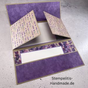 handgemachte Karte, Stampin Up Karte, Explosionskarte kaufen, Aufklappkarte Lavendelblüten, Gutschein Verpackung Karte, Geldgeschenk Karte handmade