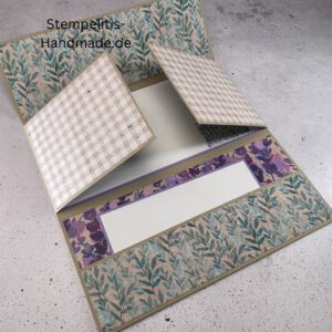 handgemachte Karte, Stampin Up Karte, Explosionskarte kaufen, Aufklappkarte Lavendelblüten, Gutschein Verpackung Karte, Geldgeschenk Karte handmade