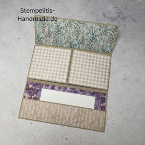 handgemachte Karte, Stampin Up Karte, Explosionskarte kaufen, Aufklappkarte Lavendelblüten, Gutschein Verpackung Karte, Geldgeschenk Karte handmade