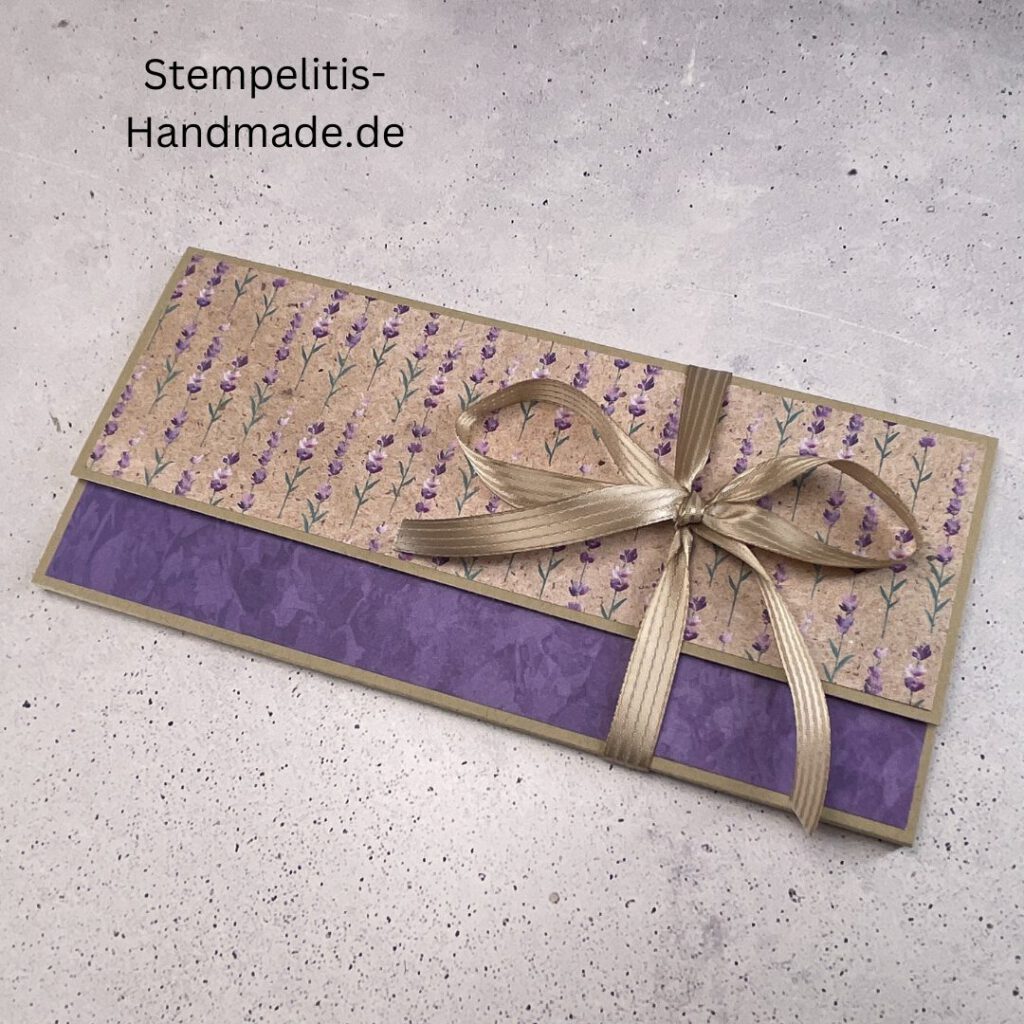 Gutscheinkarte, handgemachte Karte, Stampin Up Karte, Explosionskarte kaufen, Aufklappkarte Lavendelblüten, Gutschein Verpackung Karte, Geldgeschenk Karte handmade