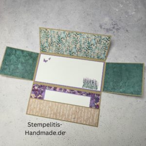 handgemachte Karte, Stampin Up Karte, Explosionskarte kaufen, Aufklappkarte Lavendelblüten, Gutschein Verpackung Karte, Geldgeschenk Karte handmade