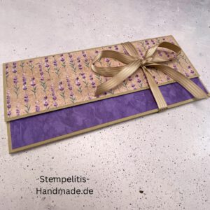 handgemachte Karte, Stampin Up Karte, Explosionskarte kaufen, Aufklappkarte Lavendelblüten, Gutschein Verpackung Karte, Geldgeschenk Karte handmade