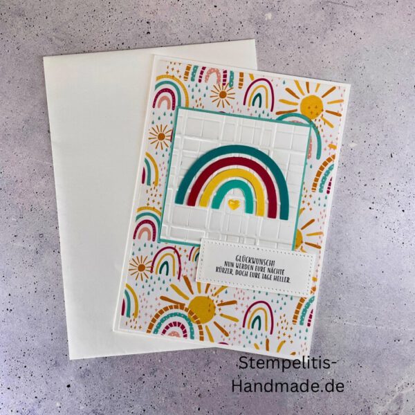 handgemachte Babykarte, Babykarte Regenbogen, Karte zur Geburt Regenbogen, Stampin Up Babykarte, individuelle Glückwunschkarte Geburt, elegante Geburt Karten kaufen, Baby
