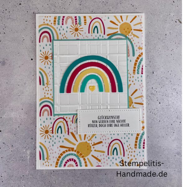 handgemachte Babykarte, Babykarte Regenbogen, Karte zur Geburt Regenbogen, Stampin Up Babykarte, individuelle Glückwunschkarte Geburt, elegante Geburt Karten kaufen, Baby