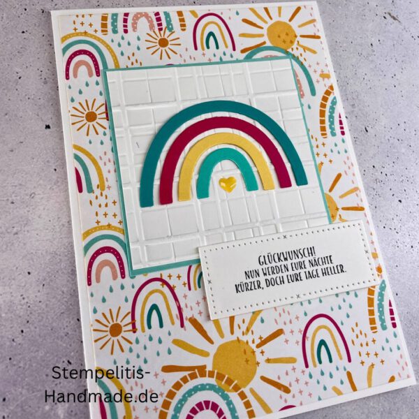 handgemachte Babykarte, Babykarte Regenbogen, Karte zur Geburt Regenbogen, Stampin Up Babykarte, individuelle Glückwunschkarte Geburt, elegante Geburt Karten kaufen, Baby