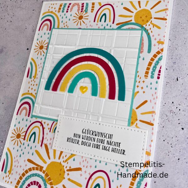 handgemachte Babykarte, Babykarte Regenbogen, Karte zur Geburt Regenbogen, Stampin Up Babykarte, individuelle Glückwunschkarte Geburt, elegante Geburt Karten kaufen, Baby