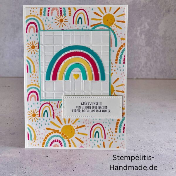 handgemachte Babykarte, Babykarte Regenbogen, Karte zur Geburt Regenbogen, Stampin Up Babykarte, individuelle Glückwunschkarte Geburt, elegante Geburt Karten kaufen, Baby