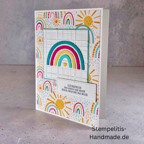 handgemachte Babykarte, Babykarte Regenbogen, Karte zur Geburt Regenbogen, Stampin Up Babykarte, individuelle Glückwunschkarte Geburt, elegante Geburt Karten kaufen, Baby