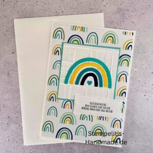 handgemachte Babykarte, Babykarte Regenbogen, Karte zur Geburt Regenbogen, Stampin Up Babykarte, individuelle Glückwunschkarte Geburt, elegante Geburt Karten kaufen, Baby