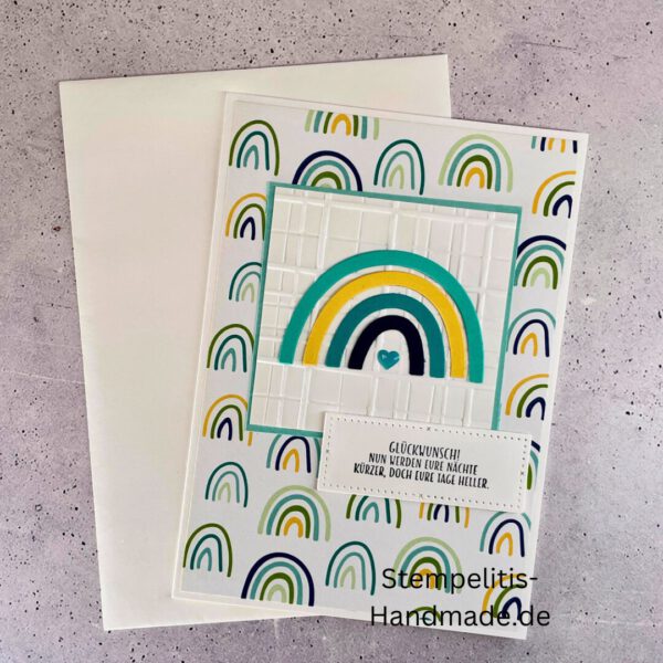 handgemachte Babykarte, Babykarte Regenbogen, Karte zur Geburt Regenbogen, Stampin Up Babykarte, individuelle Glückwunschkarte Geburt, elegante Geburt Karten kaufen, Baby