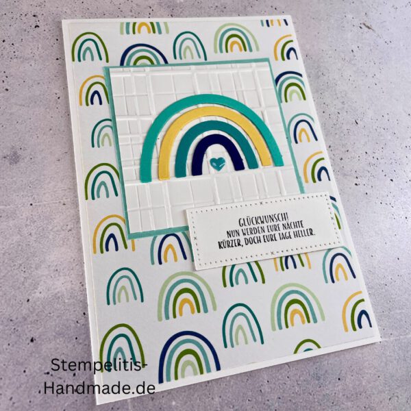 handgemachte Babykarte, Babykarte Regenbogen, Karte zur Geburt Regenbogen, Stampin Up Babykarte, individuelle Glückwunschkarte Geburt, elegante Geburt Karten kaufen, Baby