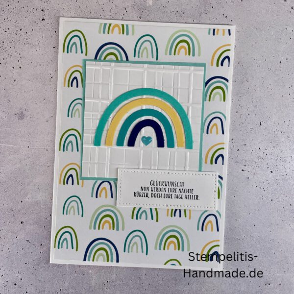 handgemachte Babykarte, Babykarte Regenbogen, Karte zur Geburt Regenbogen, Stampin Up Babykarte, individuelle Glückwunschkarte Geburt, elegante Geburt Karten kaufen, Baby