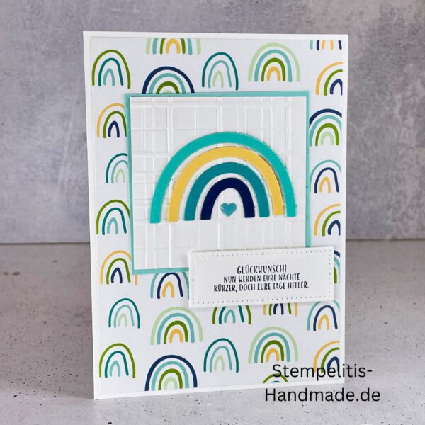 handgemachte Babykarte, Babykarte Regenbogen, Karte zur Geburt Regenbogen, Stampin Up Babykarte, individuelle Glückwunschkarte Geburt, elegante Geburt Karten kaufen, Baby