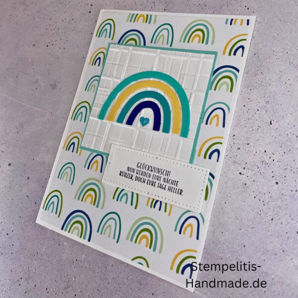 handgemachte Babykarte, Babykarte Regenbogen, Karte zur Geburt Regenbogen, Stampin Up Babykarte, individuelle Glückwunschkarte Geburt, elegante Geburt Karten kaufen, Baby