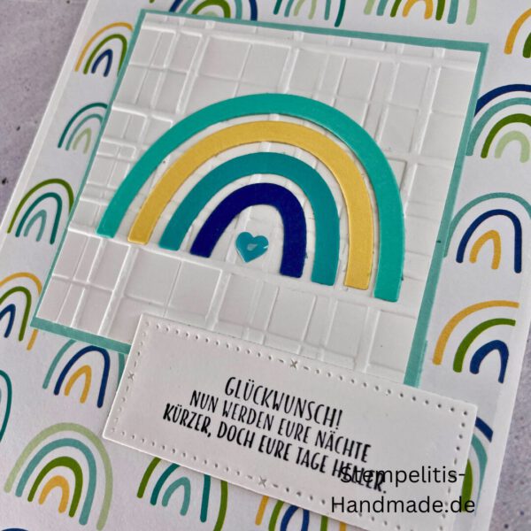 handgemachte Babykarte, Babykarte Regenbogen, Karte zur Geburt Regenbogen, Stampin Up Babykarte, individuelle Glückwunschkarte Geburt, elegante Geburt Karten kaufen, Baby
