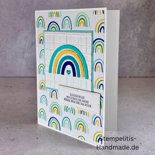 handgemachte Babykarte, Babykarte Regenbogen, Karte zur Geburt Regenbogen, Stampin Up Babykarte, individuelle Glückwunschkarte Geburt, elegante Geburt Karten kaufen, Baby