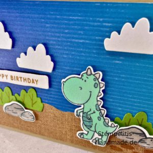 handgemachte Karte, Stampin’ Up!, Süße Dinos, Geburtstagskarte, Dino-Motive, Kindergeburtstag, Stempelset, Stanzformen, Happy Birthday, Bastelideen, DIY-Karte, Dinosaurier-Karte, Partyhut-Motive, kreative Karten, Urzeit-Party, Freundschaftskarte, Stampin’ Blends, Bastelmaterialien
