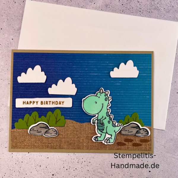 handgemachte Karte, Stampin’ Up!, Süße Dinos, Geburtstagskarte, Dino-Motive, Kindergeburtstag, Stempelset, Stanzformen, Happy Birthday, Bastelideen, DIY-Karte, Dinosaurier-Karte, Partyhut-Motive, kreative Karten, Urzeit-Party, Freundschaftskarte, Stampin’ Blends, Bastelmaterialien