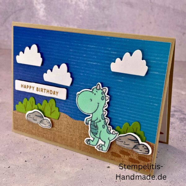 handgemachte Karte, Stampin’ Up!, Süße Dinos, Geburtstagskarte, Dino-Motive, Kindergeburtstag, Stempelset, Stanzformen, Happy Birthday, Bastelideen, DIY-Karte, Dinosaurier-Karte, Partyhut-Motive, kreative Karten, Urzeit-Party, Freundschaftskarte, Stampin’ Blends, Bastelmaterialien