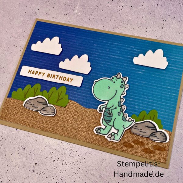 handgemachte Karte, Stampin’ Up!, Süße Dinos, Geburtstagskarte, Dino-Motive, Kindergeburtstag, Stempelset, Stanzformen, Happy Birthday, Bastelideen, DIY-Karte, Dinosaurier-Karte, Partyhut-Motive, kreative Karten, Urzeit-Party, Freundschaftskarte, Stampin’ Blends, Bastelmaterialien