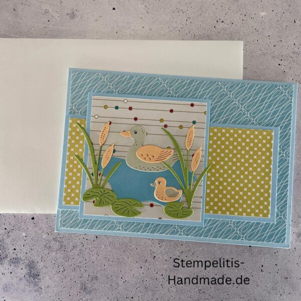 Ententeich, Stampin Up, Stempelset, handmade, Karte, Basteln, Enten, Teich, Frösche, Rohrkolben, Sumpfpflanzen, Geburtstag, Freundschaft, Grußkarte, DIY, Kolorieren, Klarsichtstempel, Scrapbooking, Papierbasteln, Bastelideen, Karten gestalten, Motivstempel, Bastelzubehör, kreative Karten, Stempeln, Stempelmotive, Bastelset, Bastelkarte, Kartenbasteln, Bastelprojekt, Handarbeit, selbstgemacht, Bastelstempel, Bastelspaß, Bastelfreude