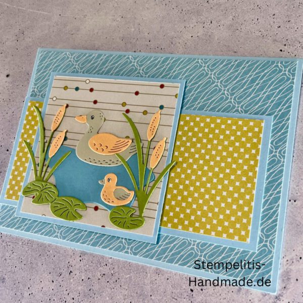 Ententeich, Stampin Up, Stempelset, handmade, Karte, Basteln, Enten, Teich, Frösche, Rohrkolben, Sumpfpflanzen, Geburtstag, Freundschaft, Grußkarte, DIY, Kolorieren, Klarsichtstempel, Scrapbooking, Papierbasteln, Bastelideen, Karten gestalten, Motivstempel, Bastelzubehör, kreative Karten, Stempeln, Stempelmotive, Bastelset, Bastelkarte, Kartenbasteln, Bastelprojekt, Handarbeit, selbstgemacht, Bastelstempel, Bastelspaß, Bastelfreude