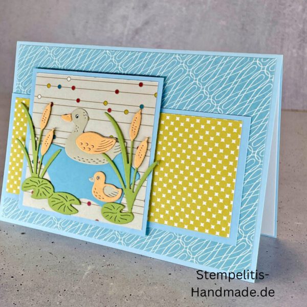 Ententeich, Stampin Up, Stempelset, handmade, Karte, Basteln, Enten, Teich, Frösche, Rohrkolben, Sumpfpflanzen, Geburtstag, Freundschaft, Grußkarte, DIY, Kolorieren, Klarsichtstempel, Scrapbooking, Papierbasteln, Bastelideen, Karten gestalten, Motivstempel, Bastelzubehör, kreative Karten, Stempeln, Stempelmotive, Bastelset, Bastelkarte, Kartenbasteln, Bastelprojekt, Handarbeit, selbstgemacht, Bastelstempel, Bastelspaß, Bastelfreude